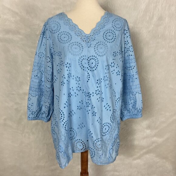 Tolani Collection V-Neck Saylor Blue Cotton Eyelet Lace Blouse Plus Size 1X - Picture 1 of 6